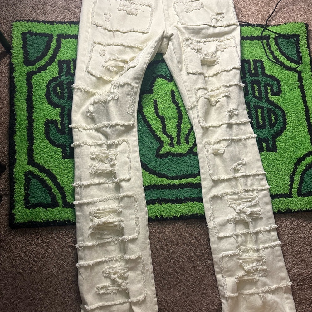 Men's Distressed Cream Jeans